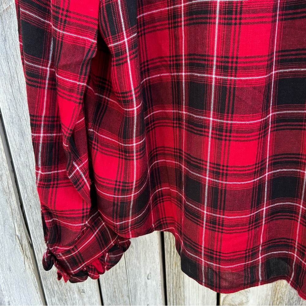 NWT Polo Ralph Lauren Ruffle Plaid Shirt Blouse Viscose Wool Red Black XL - Picture 13 of 16